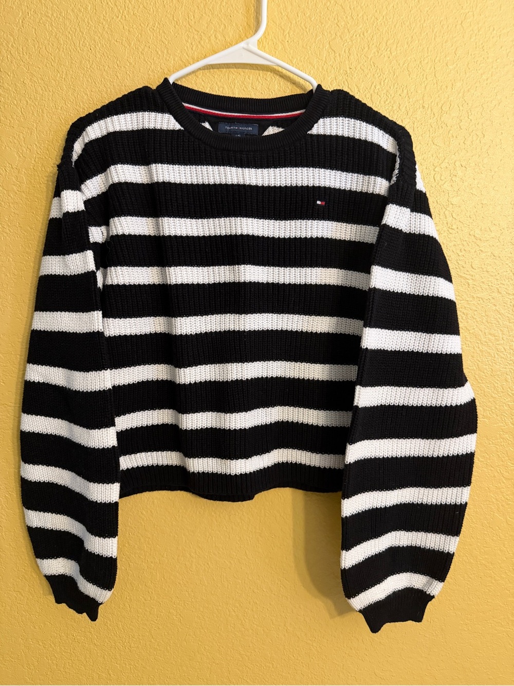 Tommy Hilfiger Black and White Striped Crewneck Pullover